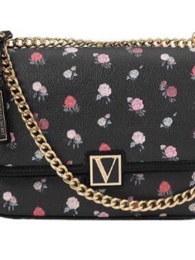 Victoria's Secret Black Floral Chain Crossbody Bag with Gold Hardware